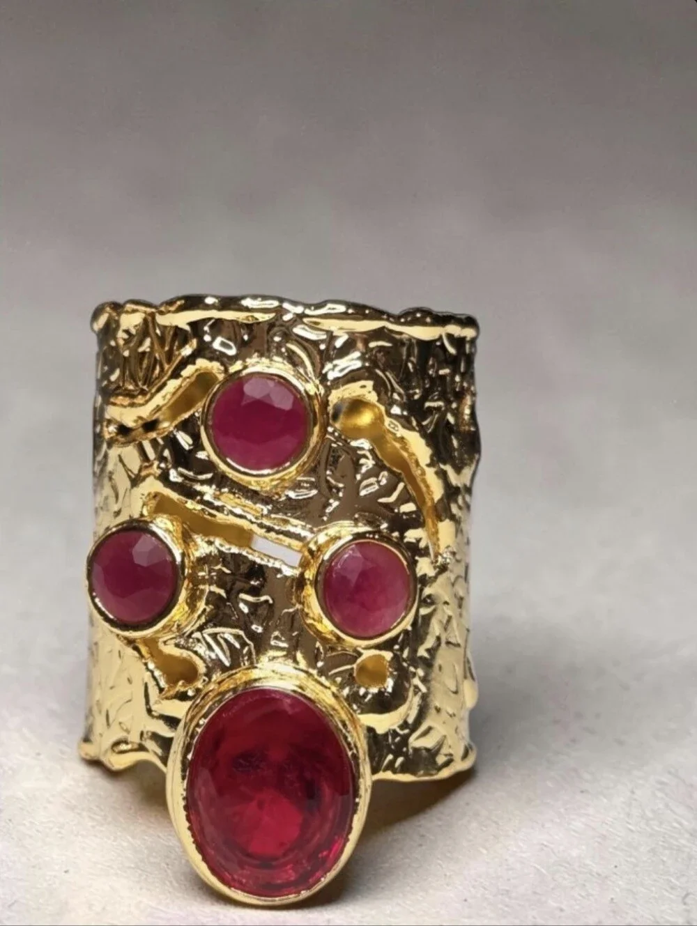 18k Gold Plated Custom Molten Wide Band Ruby Crystal Bold Statement Ring